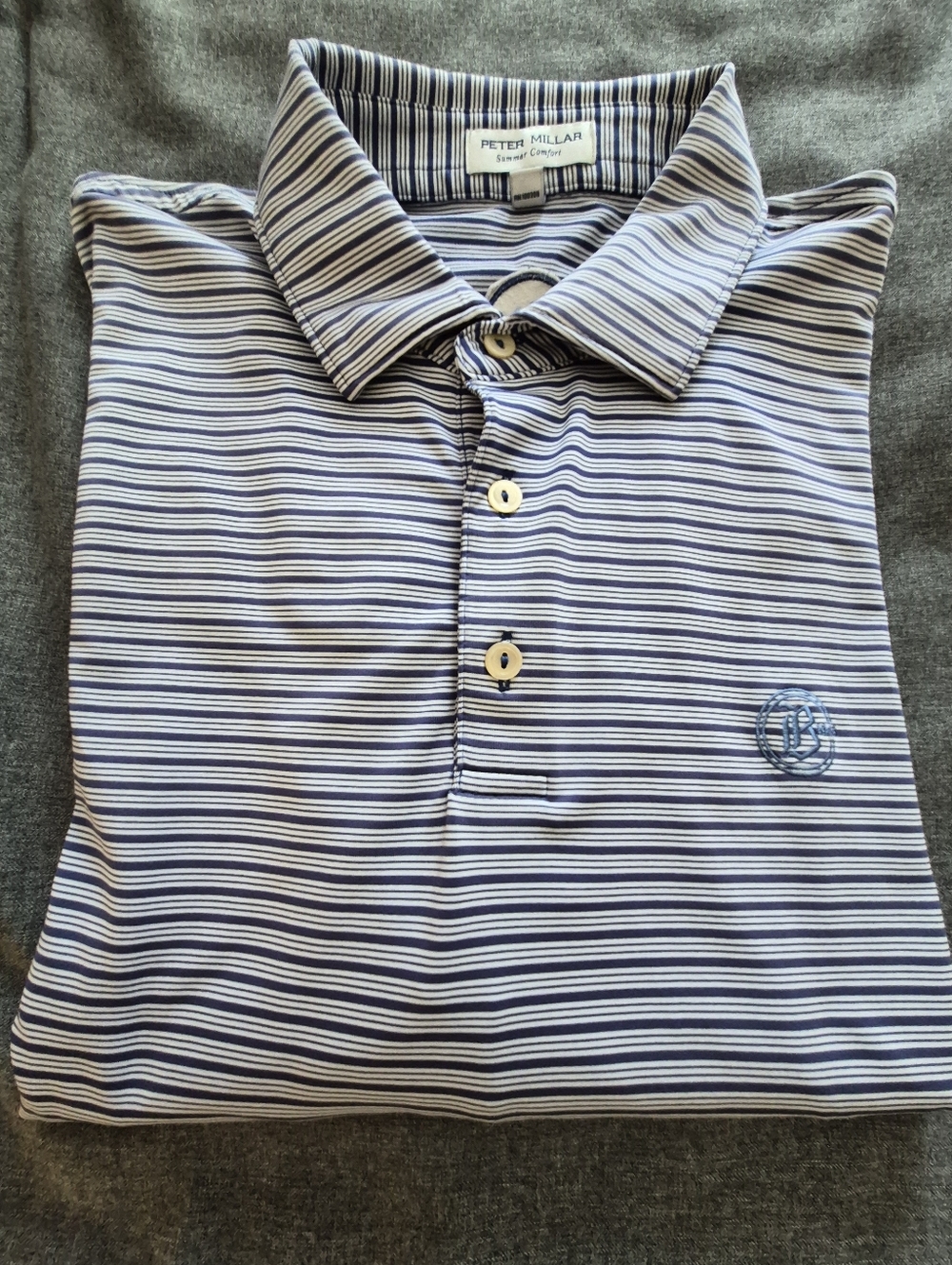 Peter Millar Summer Comfort Blue & White Stripe "B 1908" Polo Shirt - M